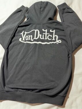 Vintage All Black Von Dutch Zipper Hoodie with White Script Logo